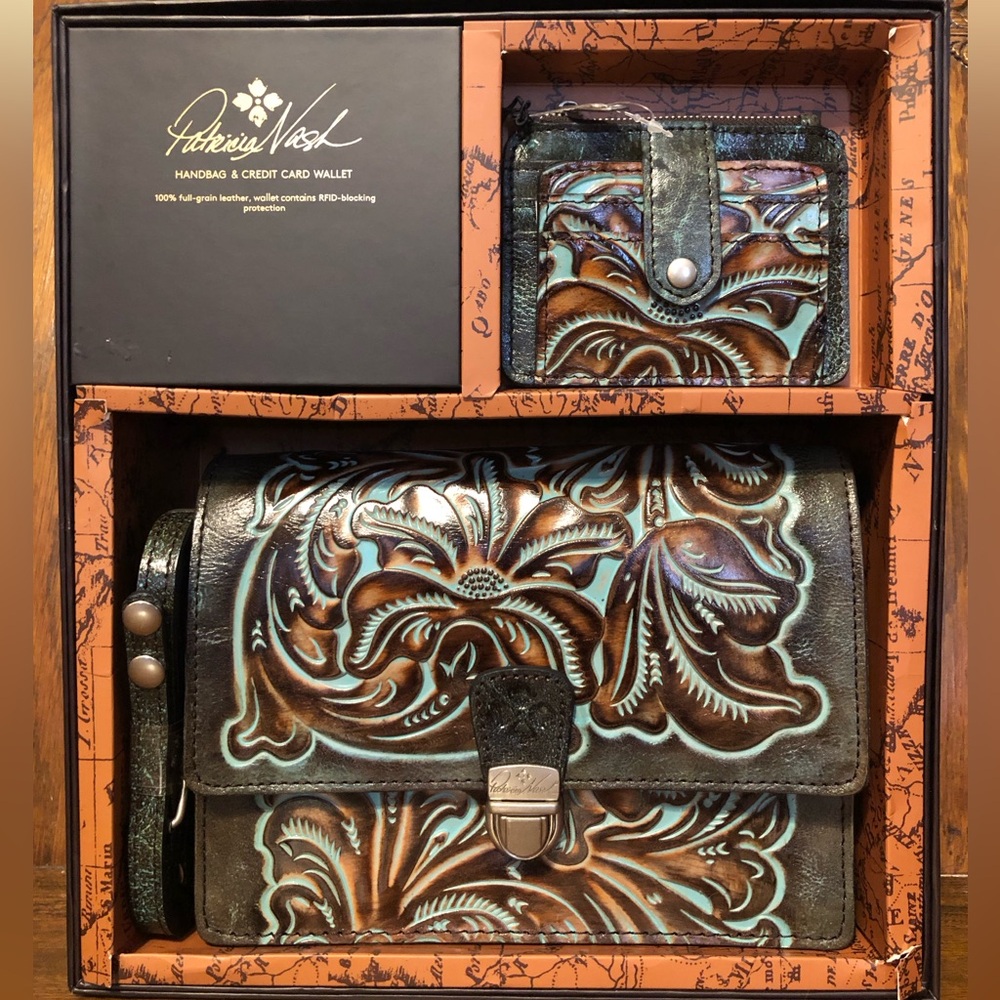 NIB-Patricia Nash-Tooled Turquoise-Locri Crossbody & Cassis ID Case/Wallet-$219